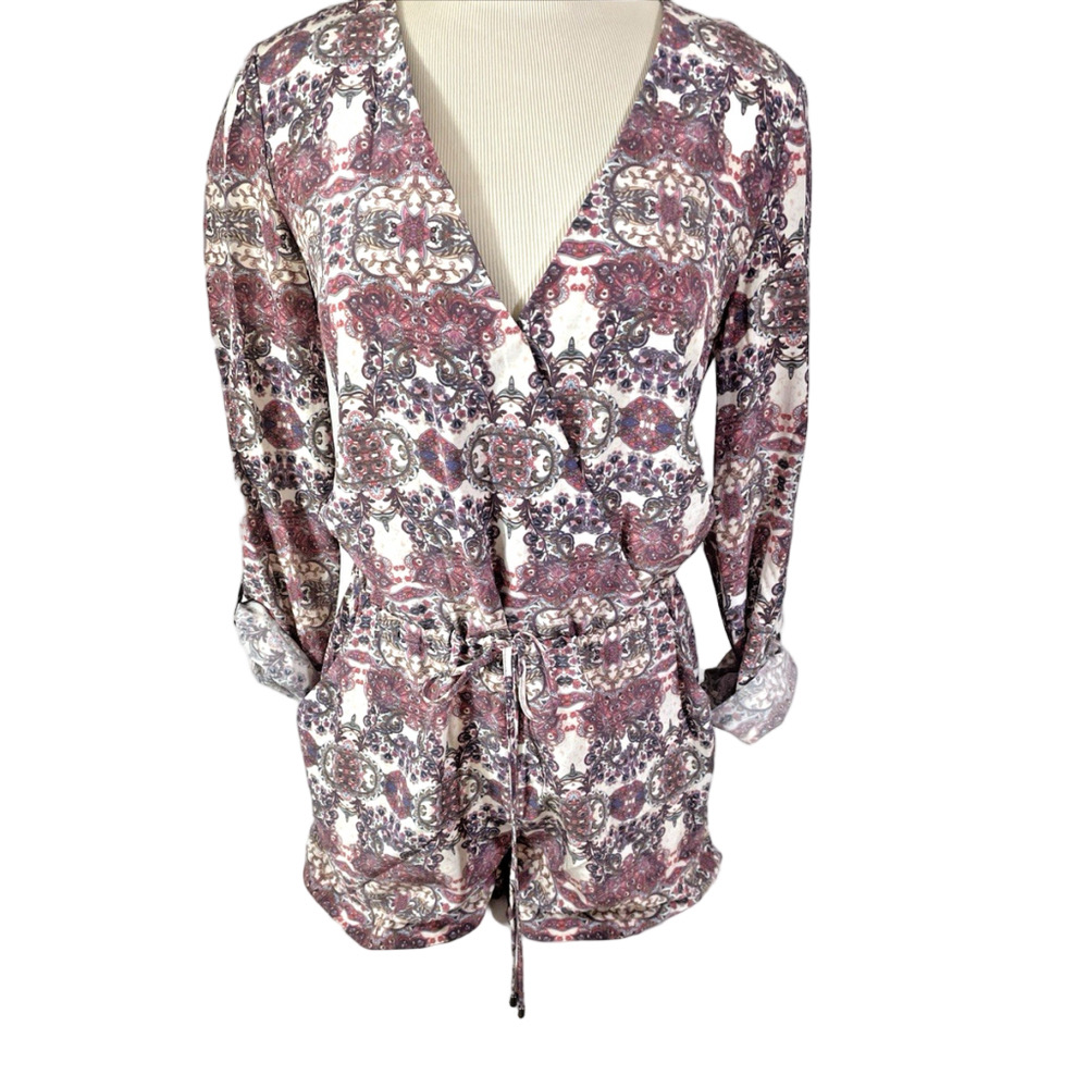 Intermix McCourty 100% Silk Faux Wrap Long Sleeve Paisley Romper Pockets Sz P/2